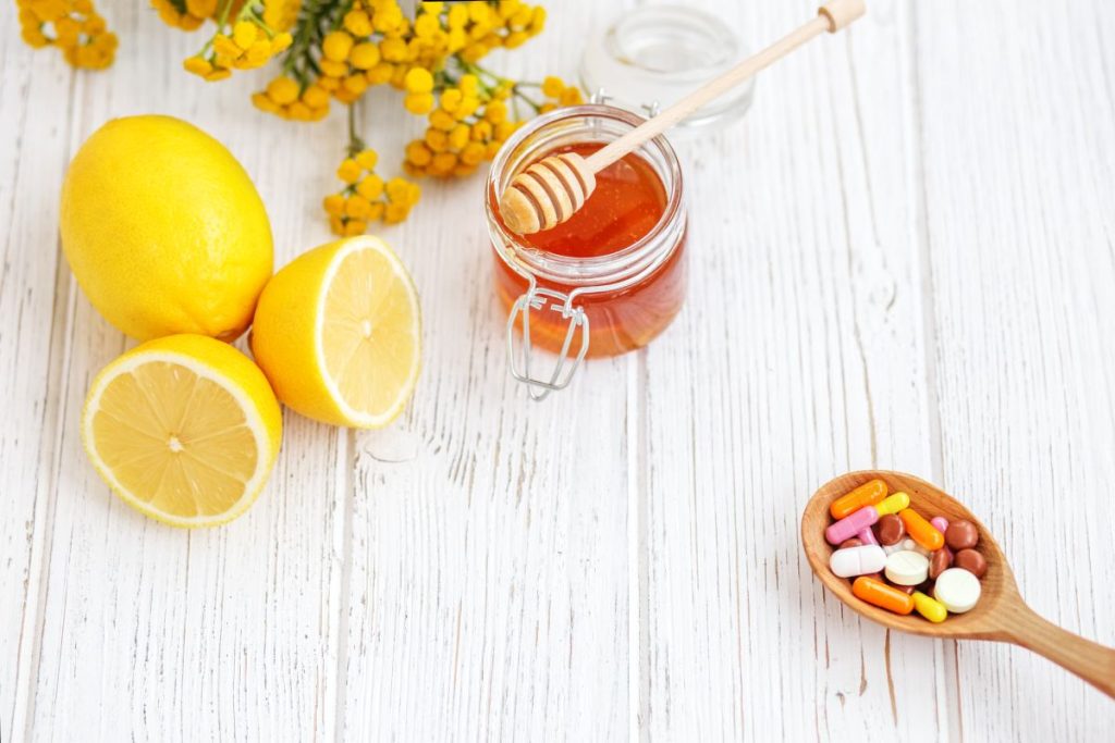 Tablets Honey and lemon. Means of treatment. Concept illness, colds, cure, fall and winter
